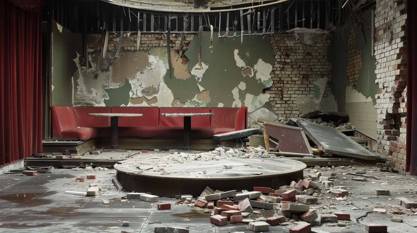 The diner set revealed as a partial ruin, with a circular performance floor at its centre